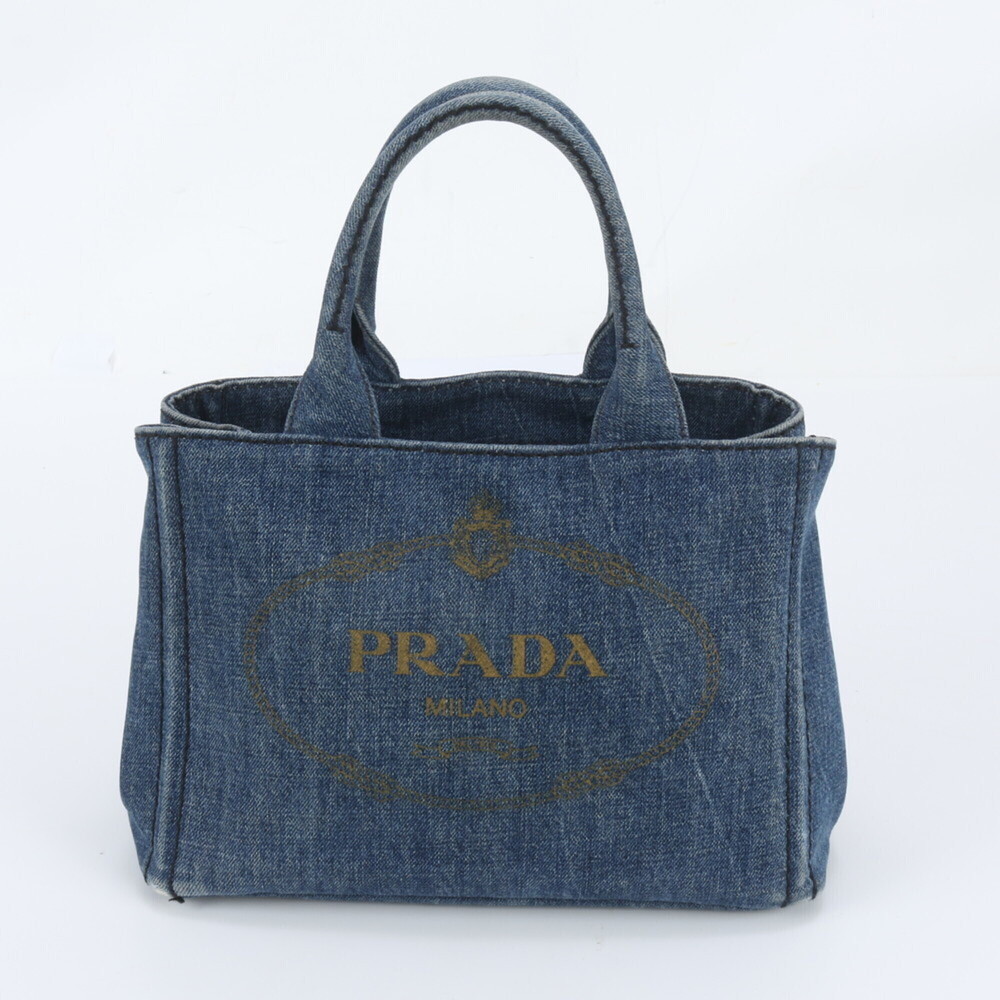 Prada Canapa Denim Blue Triangle Logo Tote Bag Shoulder Handbag for Women
